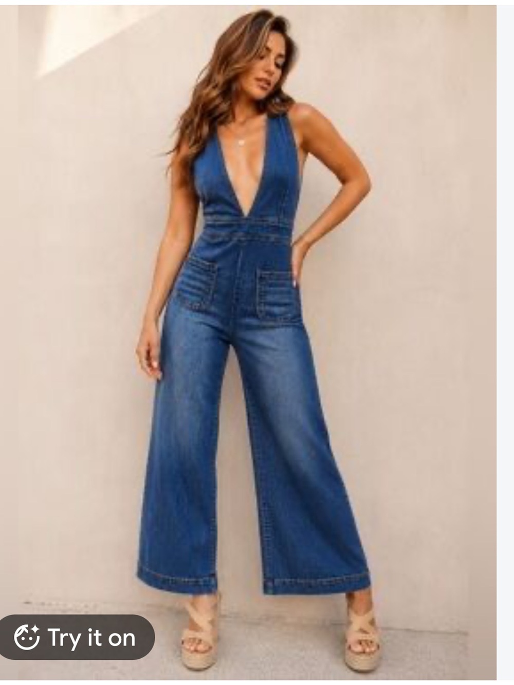 DOLLHOUSE s3/4 Deep-VDenim Halter Wide-Leg Jumpsuit-adjustable straps-high waist